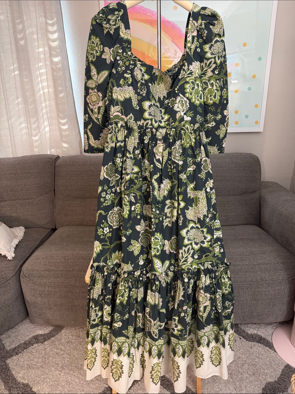Cara Cara Dark Green Floral Tiered Maxi Dress with Cream Accents